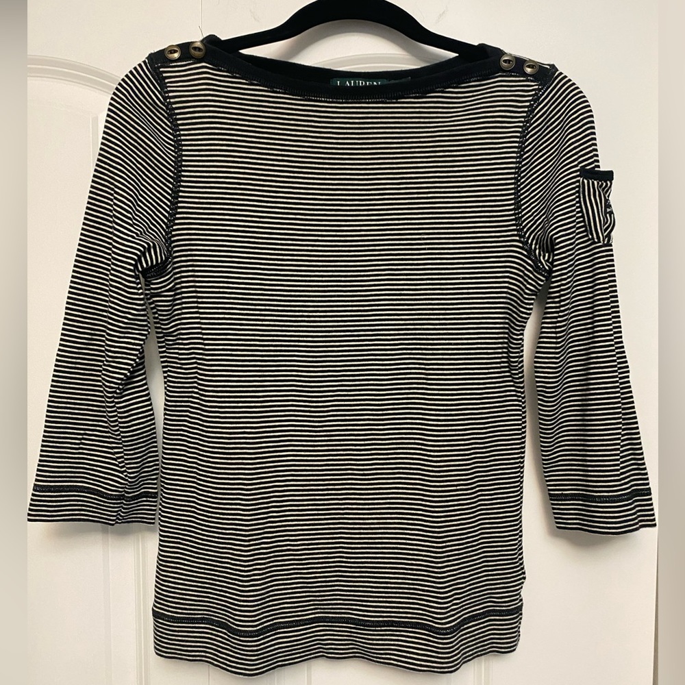 Lauren Ralph Lauren Black and White Striped Shirt Top size M
